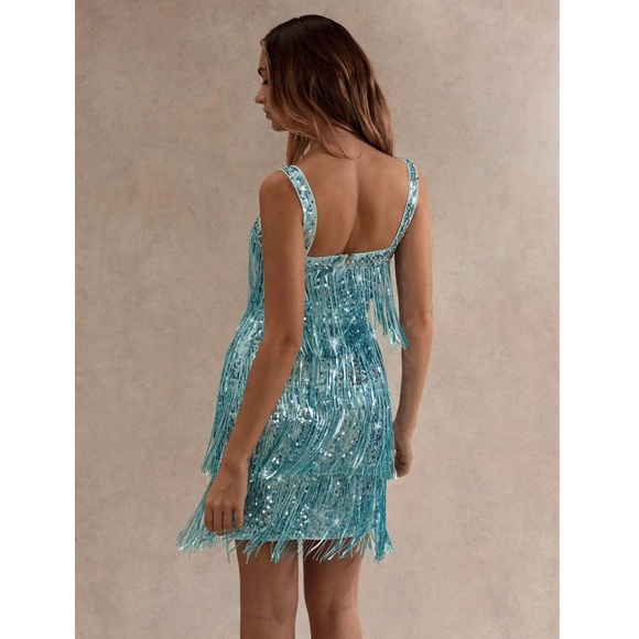 Blue Sequins Party Dress Sequin Fringe, Tassels - Picture 3 of 7